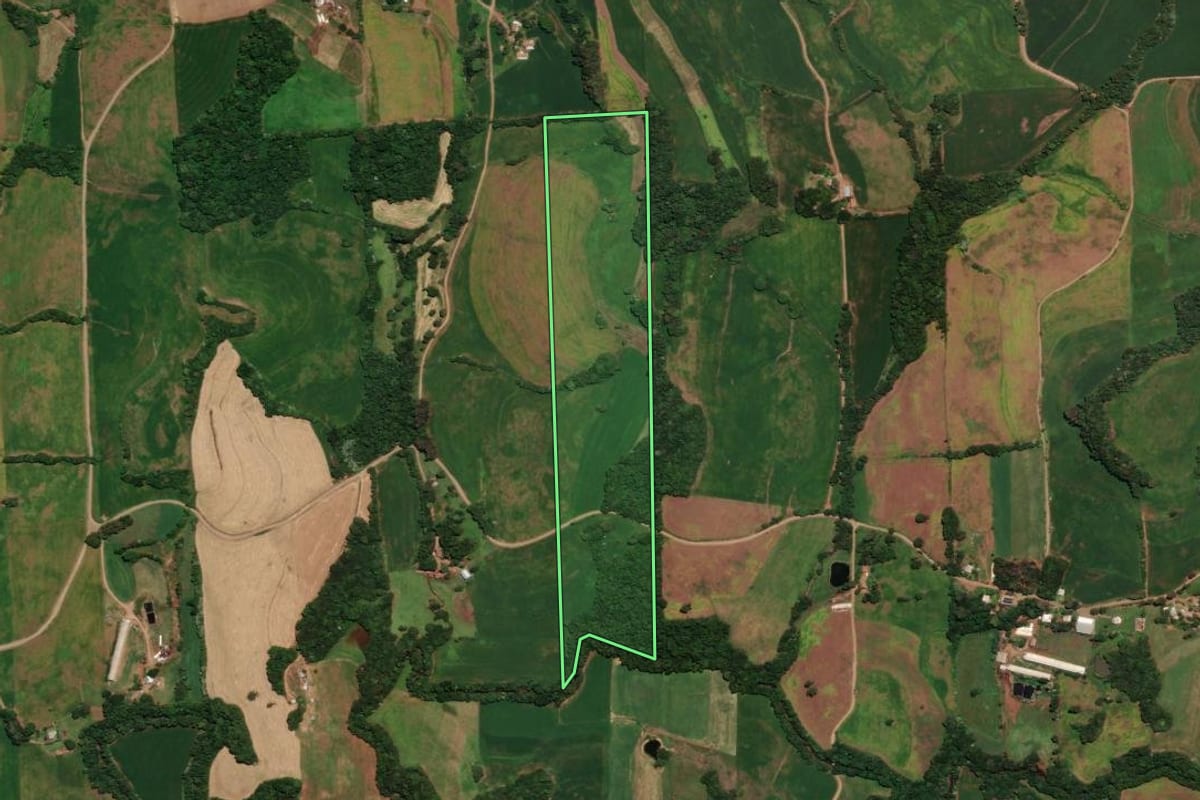 Imagem de satélite do imóvel rural em Rondinha (RS), com o contorno declarado no CAR desenhado por cima.