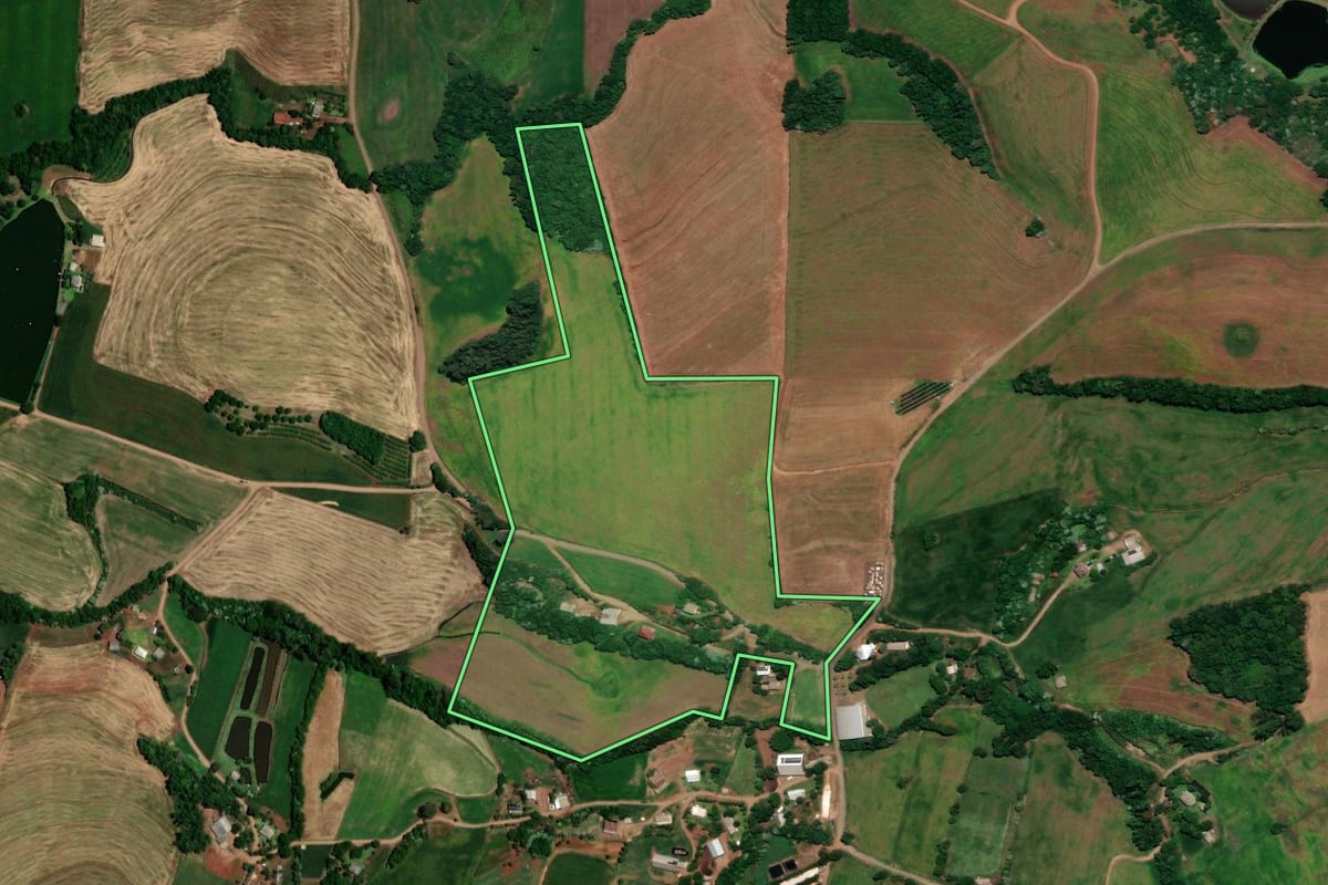 Imagem de satélite do imóvel rural em Rondinha (RS), com o contorno declarado no CAR desenhado por cima.