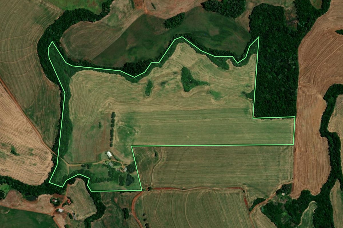 Imagem de satélite do imóvel rural em Rondinha (RS), com o contorno declarado no CAR desenhado por cima.