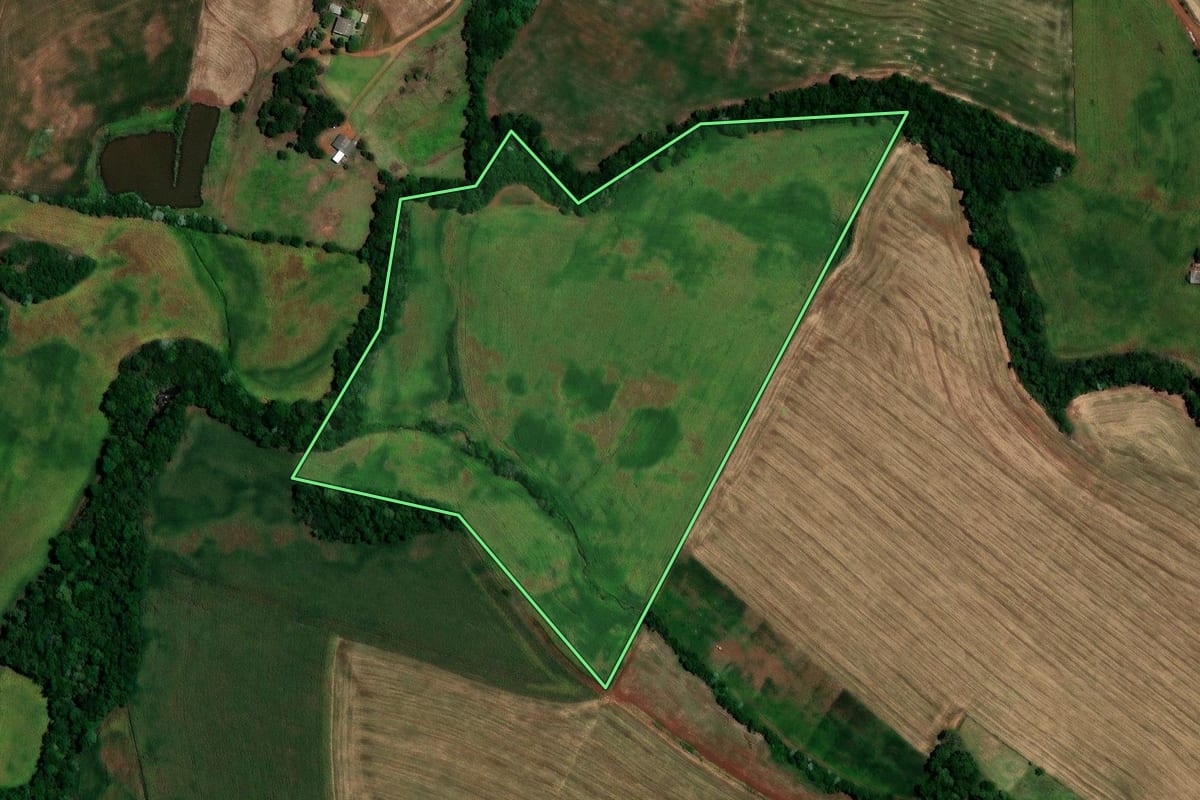 Imagem de satélite do imóvel rural em Rondinha (RS), com o contorno declarado no CAR desenhado por cima.