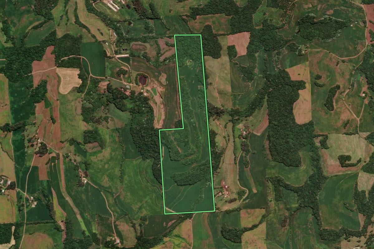 Imagem de satélite do imóvel rural em Rondinha (RS), com o contorno declarado no CAR desenhado por cima.