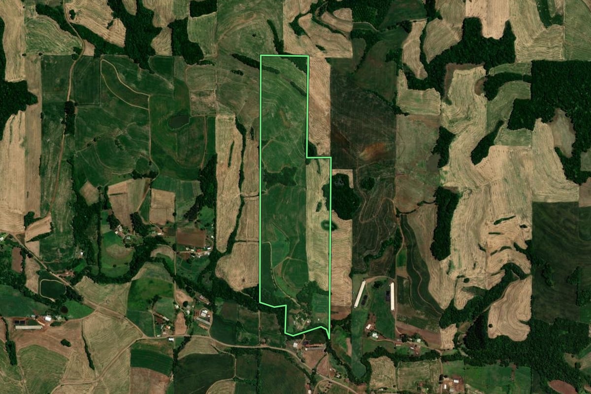 Imagem de satélite do imóvel rural em Rondinha (RS), com o contorno declarado no CAR desenhado por cima.