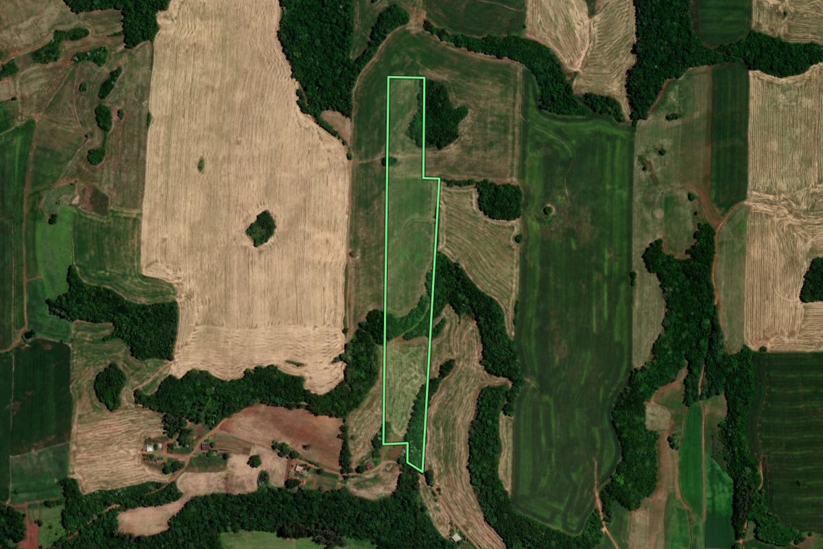 Imagem de satélite do imóvel rural em Rondinha (RS), com o contorno declarado no CAR desenhado por cima.