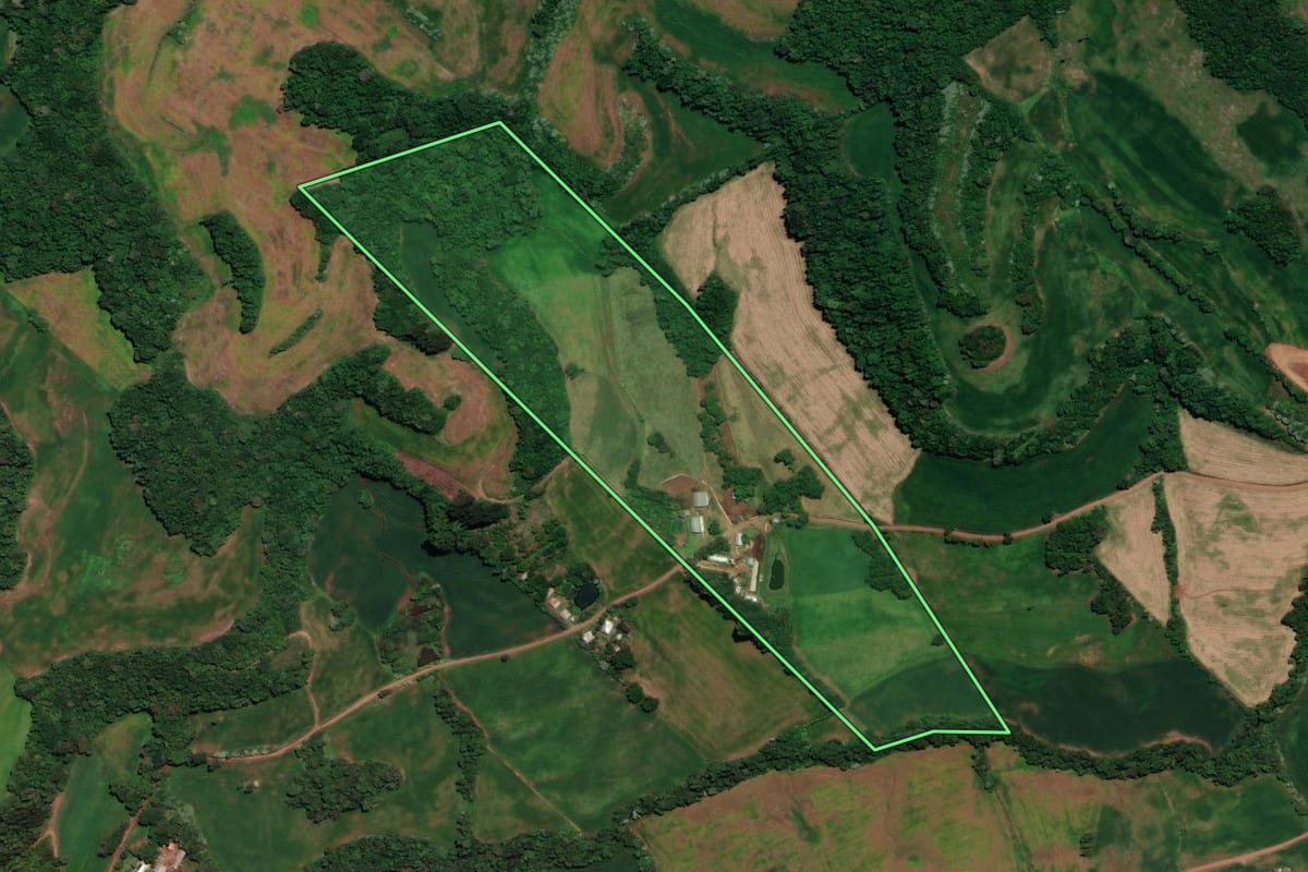 Imagem de satélite do imóvel rural em Rondinha (RS), com o contorno declarado no CAR desenhado por cima.