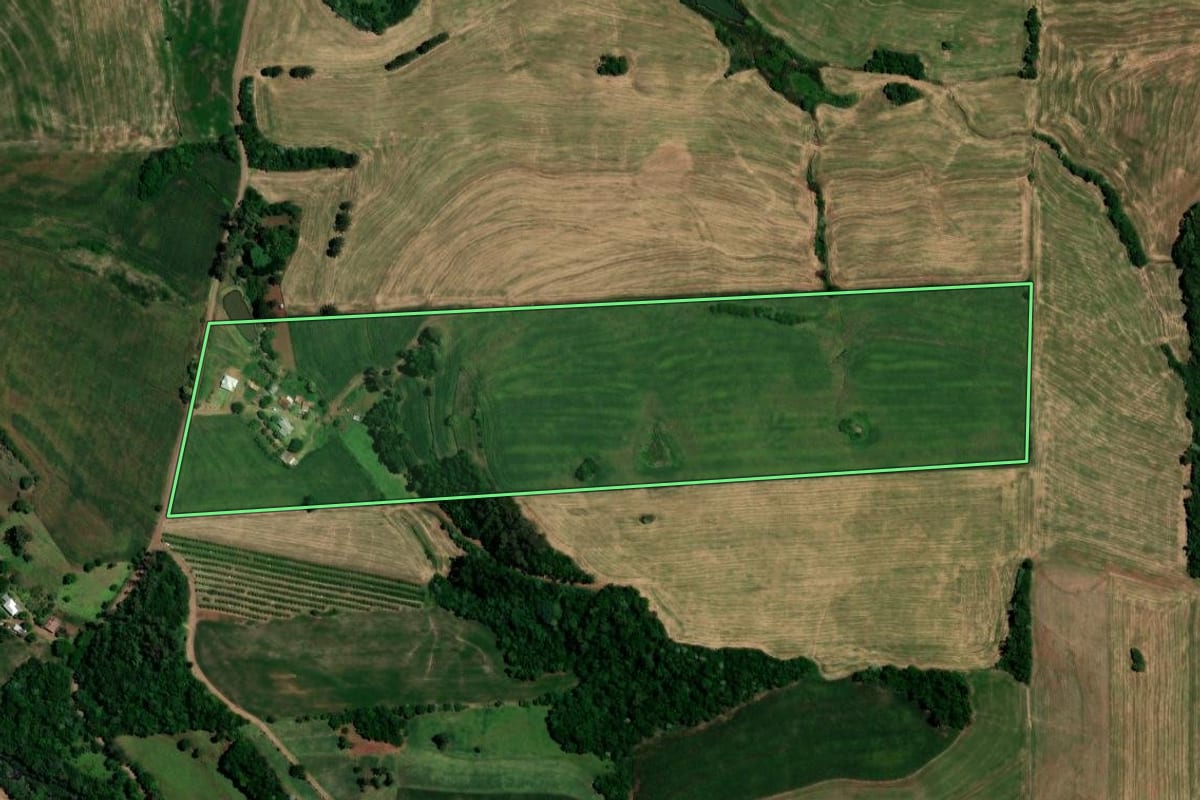 Imagem de satélite do imóvel rural em Rondinha (RS), com o contorno declarado no CAR desenhado por cima.