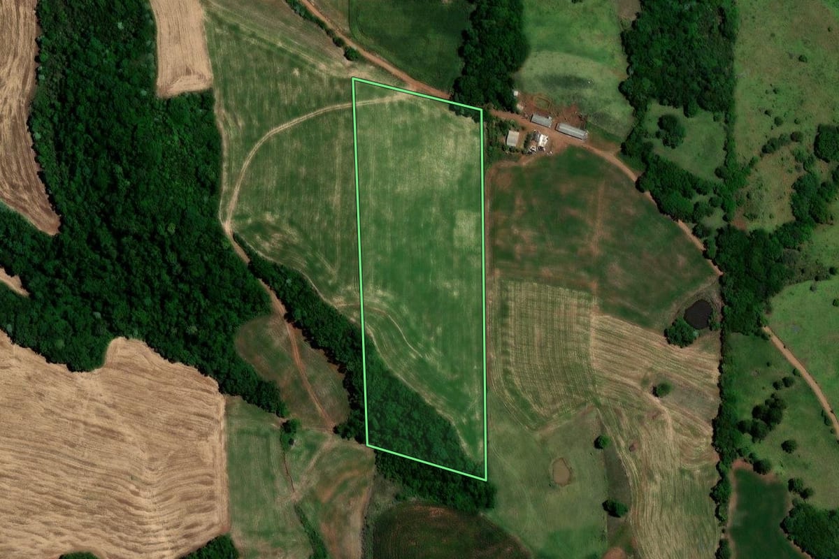 Imagem de satélite do imóvel rural em Rondinha (RS), com o contorno declarado no CAR desenhado por cima.