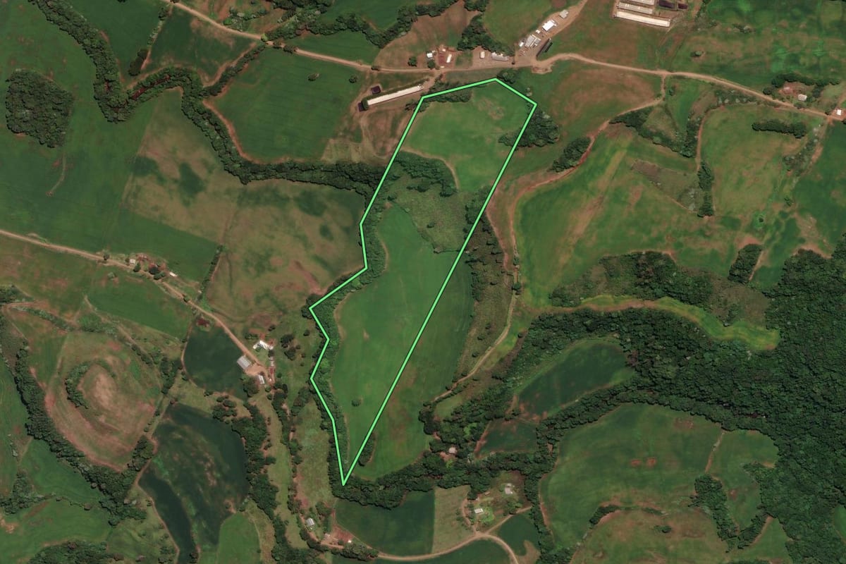 Imagem de satélite do imóvel rural em Rondinha (RS), com o contorno declarado no CAR desenhado por cima.
