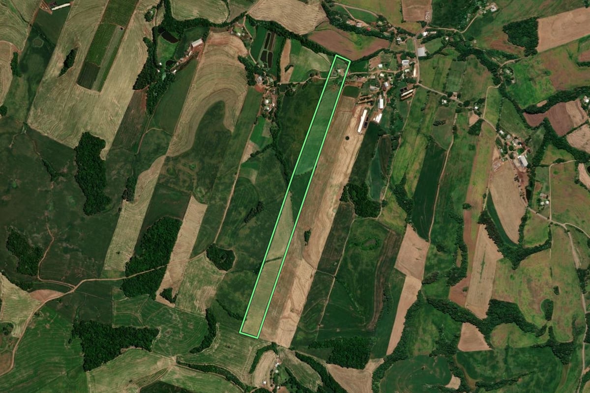 Imagem de satélite do imóvel rural em Rondinha (RS), com o contorno declarado no CAR desenhado por cima.