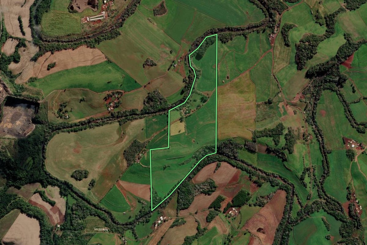 Imagem de satélite do imóvel rural em Rondinha (RS), com o contorno declarado no CAR desenhado por cima.
