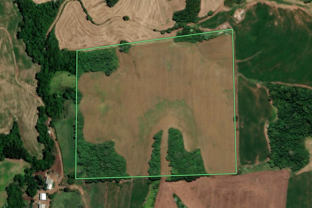 Imagem de satélite do imóvel rural em Rondinha (RS), com o contorno declarado no CAR desenhado por cima.