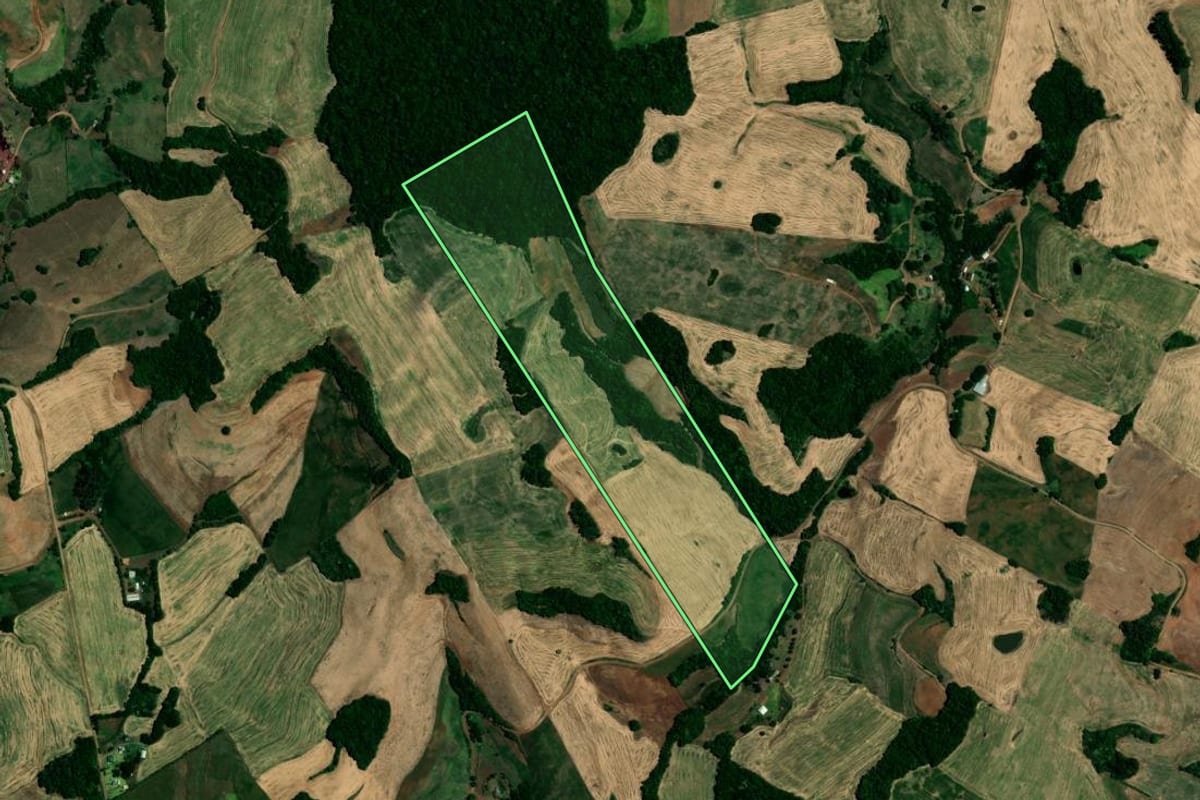 Imagem de satélite do imóvel rural em Rondinha (RS), com o contorno declarado no CAR desenhado por cima.
