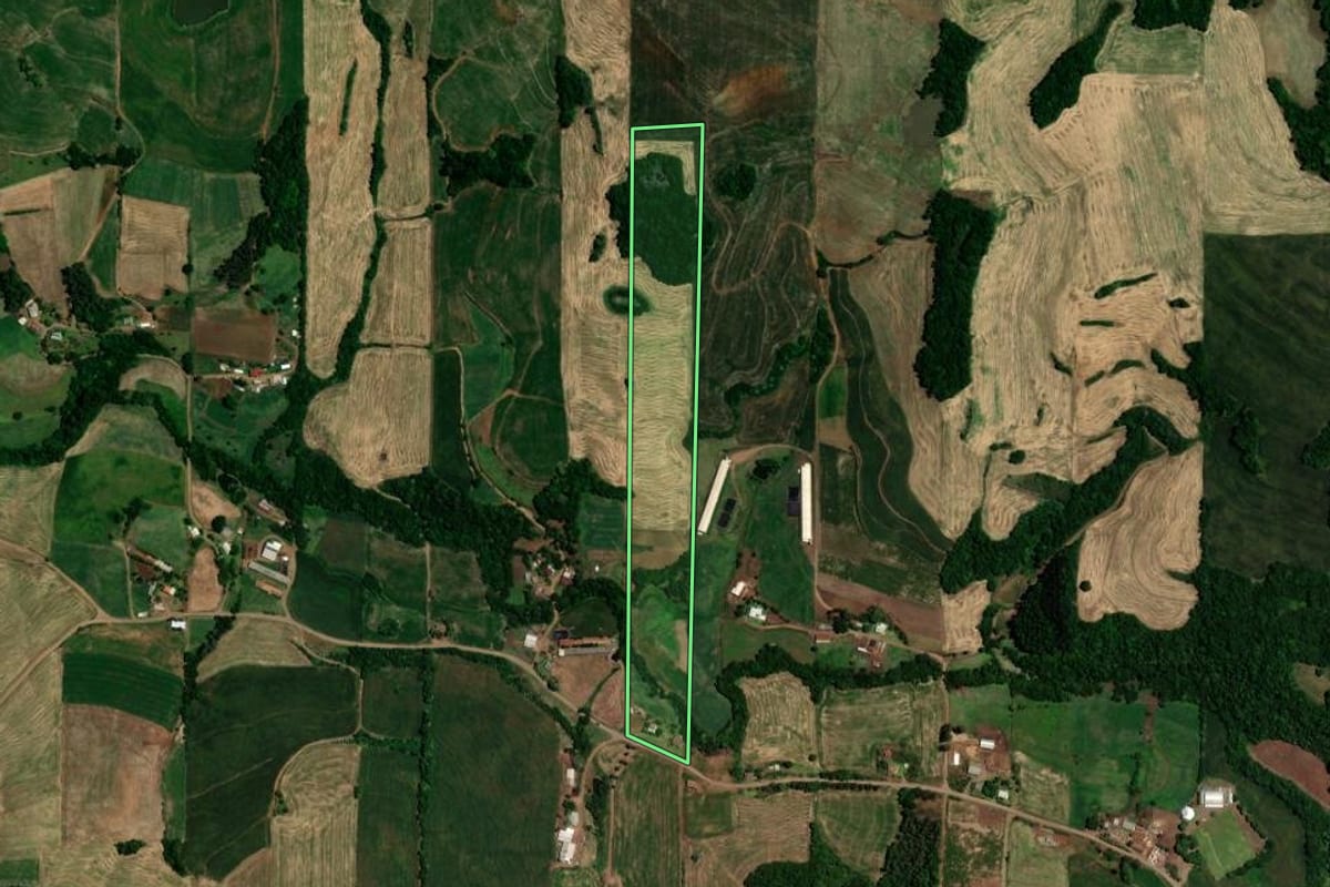 Imagem de satélite do imóvel rural em Rondinha (RS), com o contorno declarado no CAR desenhado por cima.