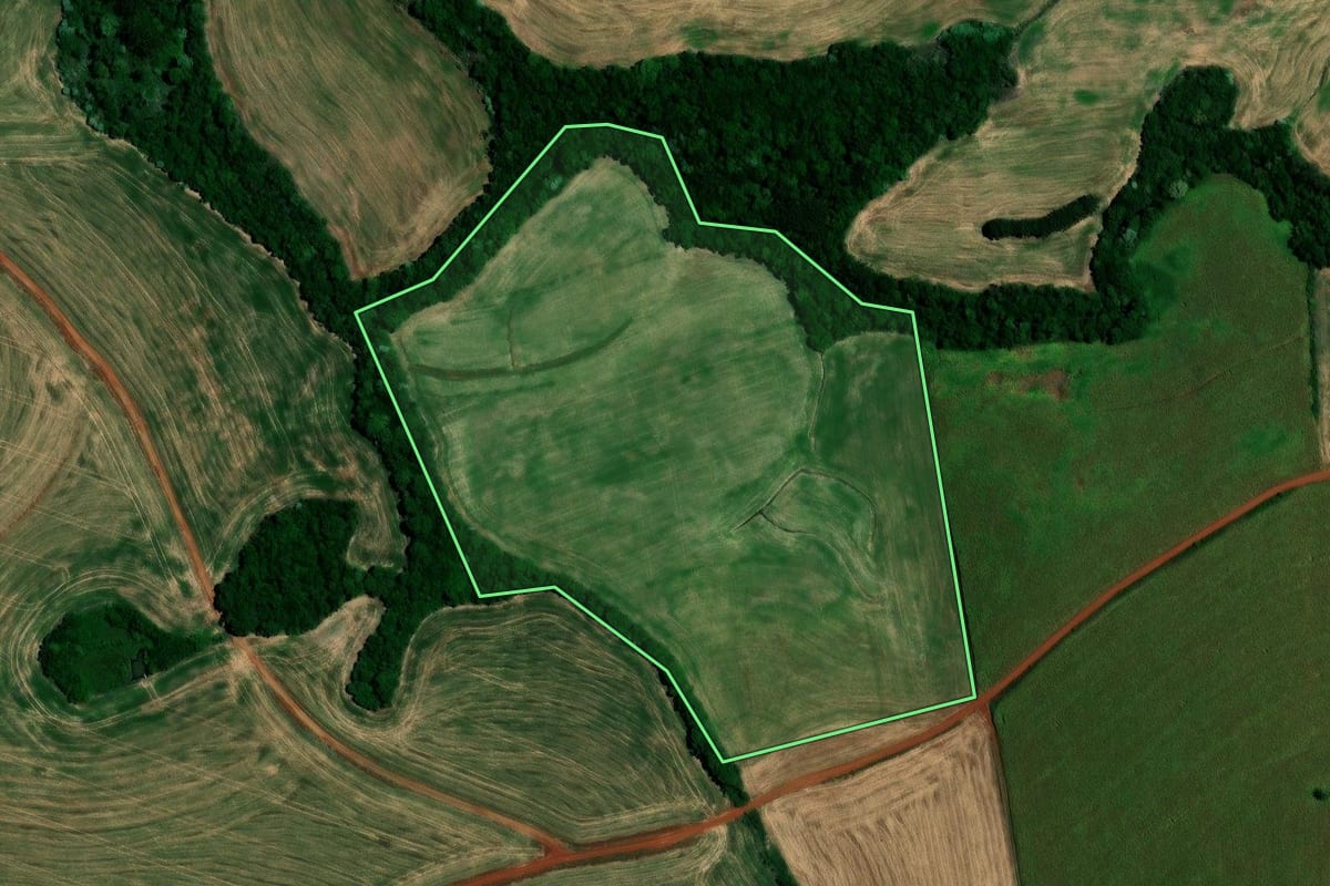 Imagem de satélite do imóvel rural em Rondinha (RS), com o contorno declarado no CAR desenhado por cima.