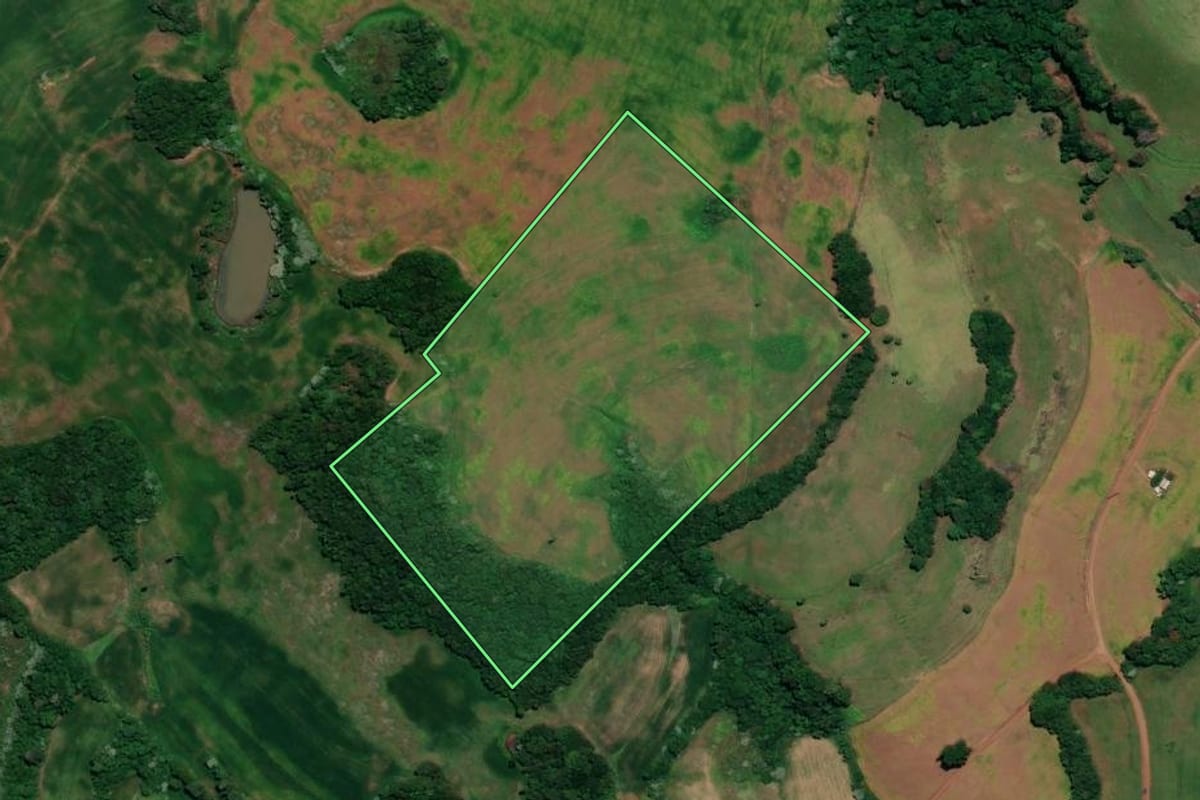 Imagem de satélite do imóvel rural em Rondinha (RS), com o contorno declarado no CAR desenhado por cima.