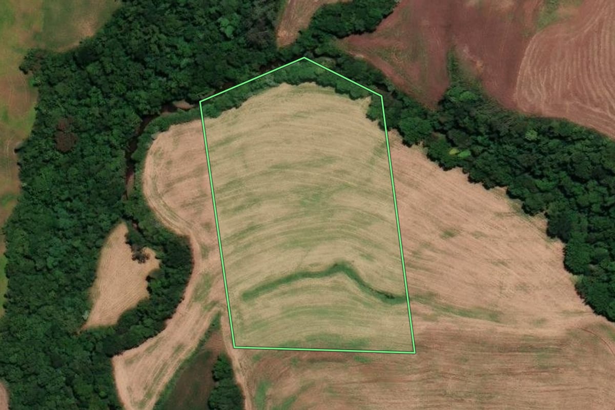 Imagem de satélite do imóvel rural em Rondinha (RS), com o contorno declarado no CAR desenhado por cima.