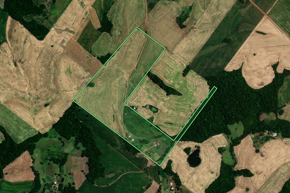 Imagem de satélite do imóvel rural em Rondinha (RS), com o contorno declarado no CAR desenhado por cima.