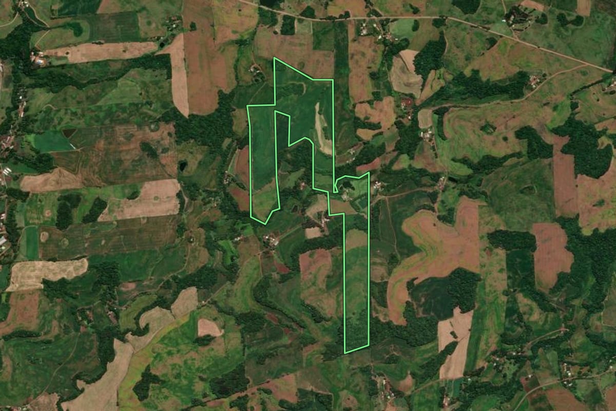 Imagem de satélite do imóvel rural em Rondinha (RS), com o contorno declarado no CAR desenhado por cima.