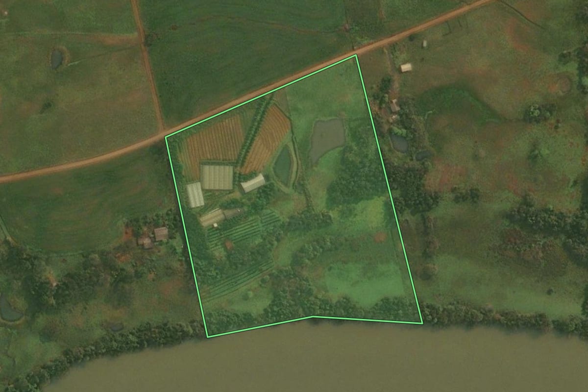 Imagem de satélite do imóvel rural em Roque Gonzales (RS), com o contorno declarado no CAR desenhado por cima.