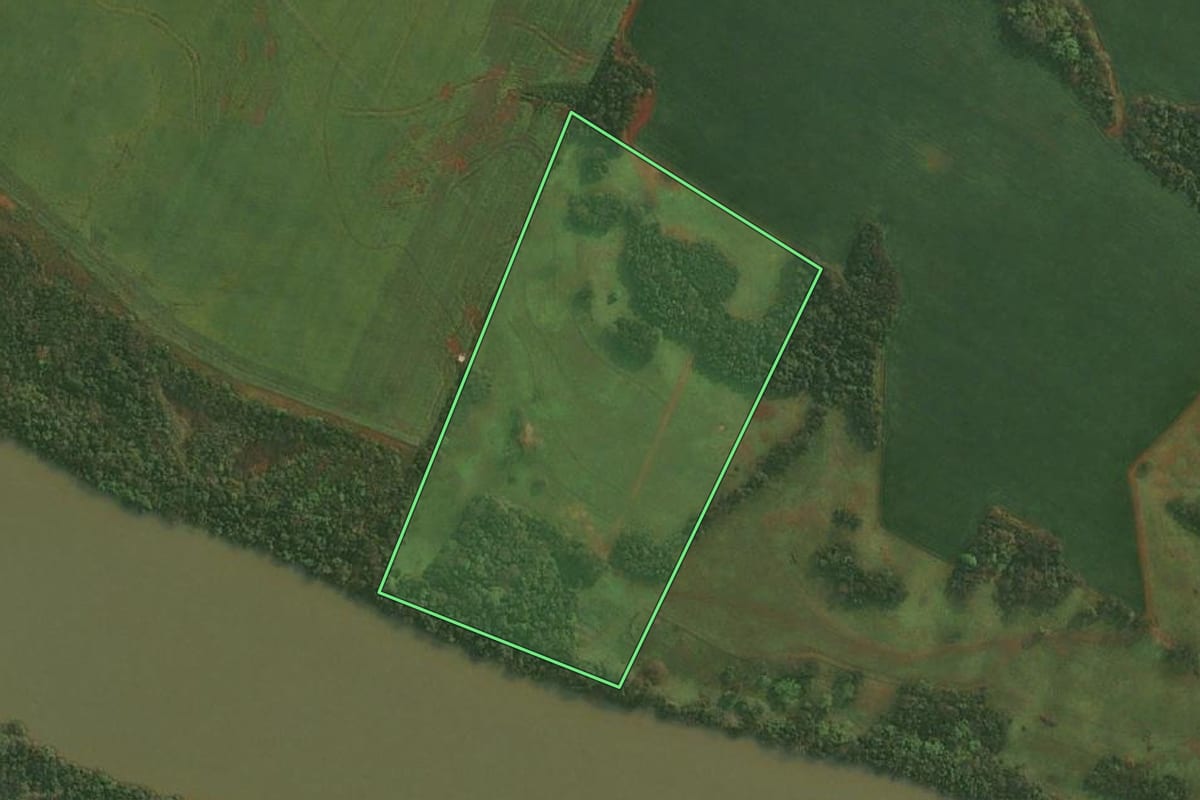 Imagem de satélite do imóvel rural em Roque Gonzales (RS), com o contorno declarado no CAR desenhado por cima.