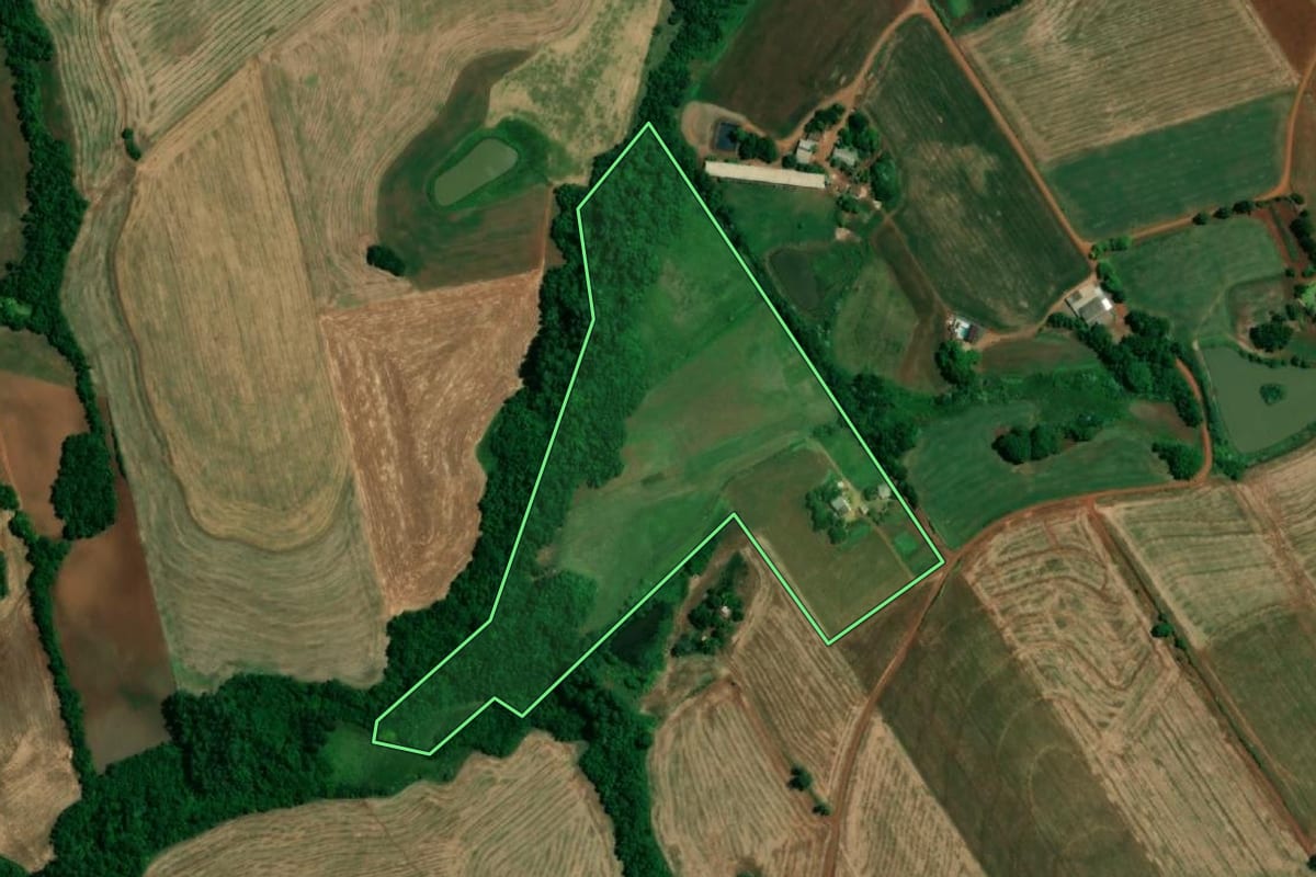 Imagem de satélite do imóvel rural em Roque Gonzales (RS), com o contorno declarado no CAR desenhado por cima.