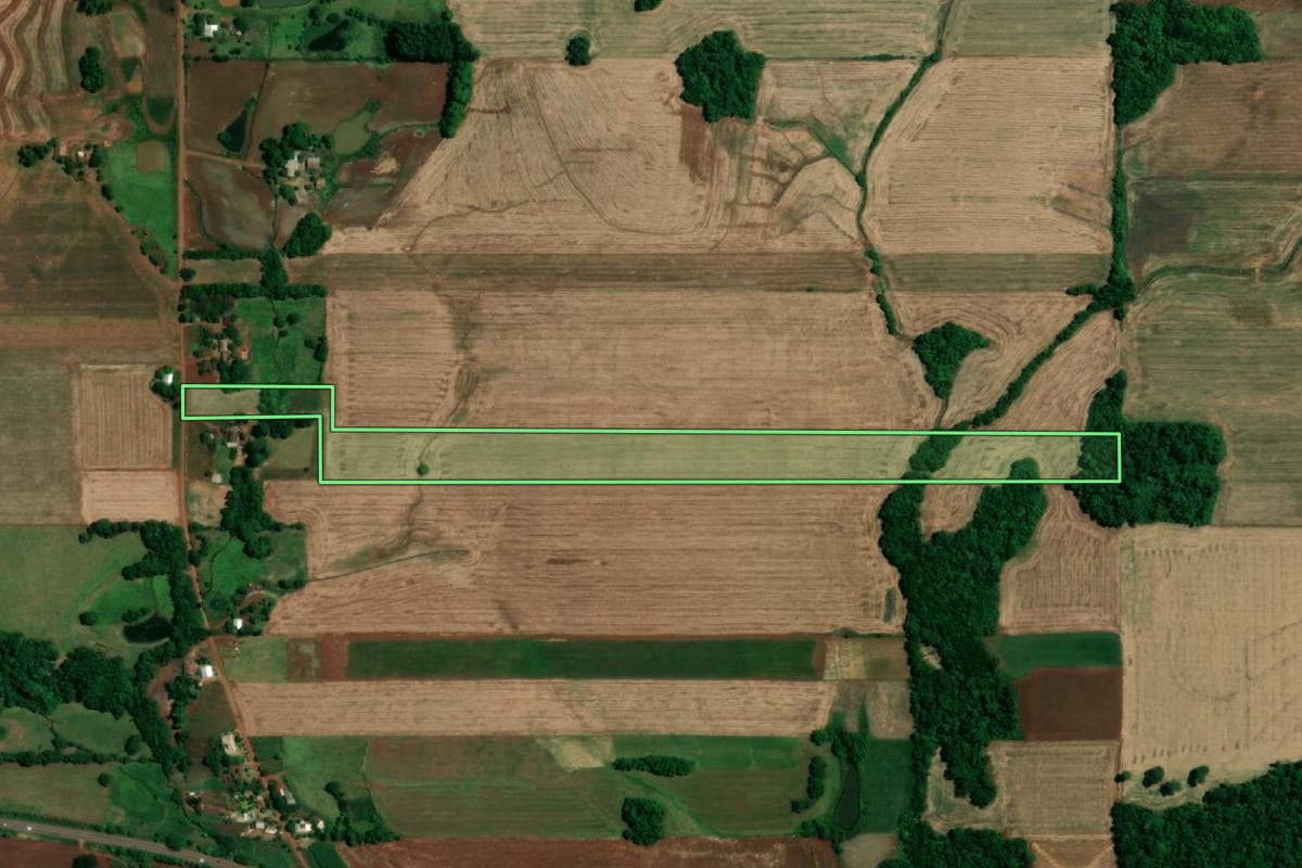 Imagem de satélite do imóvel rural em Roque Gonzales (RS), com o contorno declarado no CAR desenhado por cima.