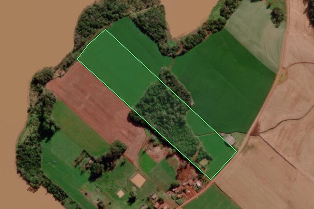 Imagem de satélite do imóvel rural em Roque Gonzales (RS), com o contorno declarado no CAR desenhado por cima.