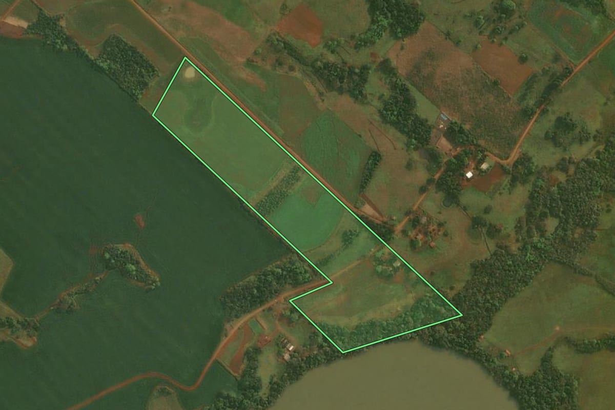Imagem de satélite do imóvel rural em Roque Gonzales (RS), com o contorno declarado no CAR desenhado por cima.