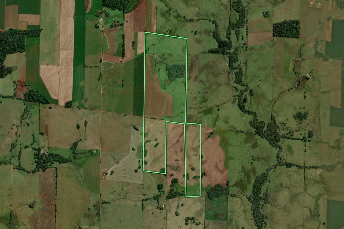 Imagem de satélite do imóvel rural em Roque Gonzales (RS), com o contorno declarado no CAR desenhado por cima.