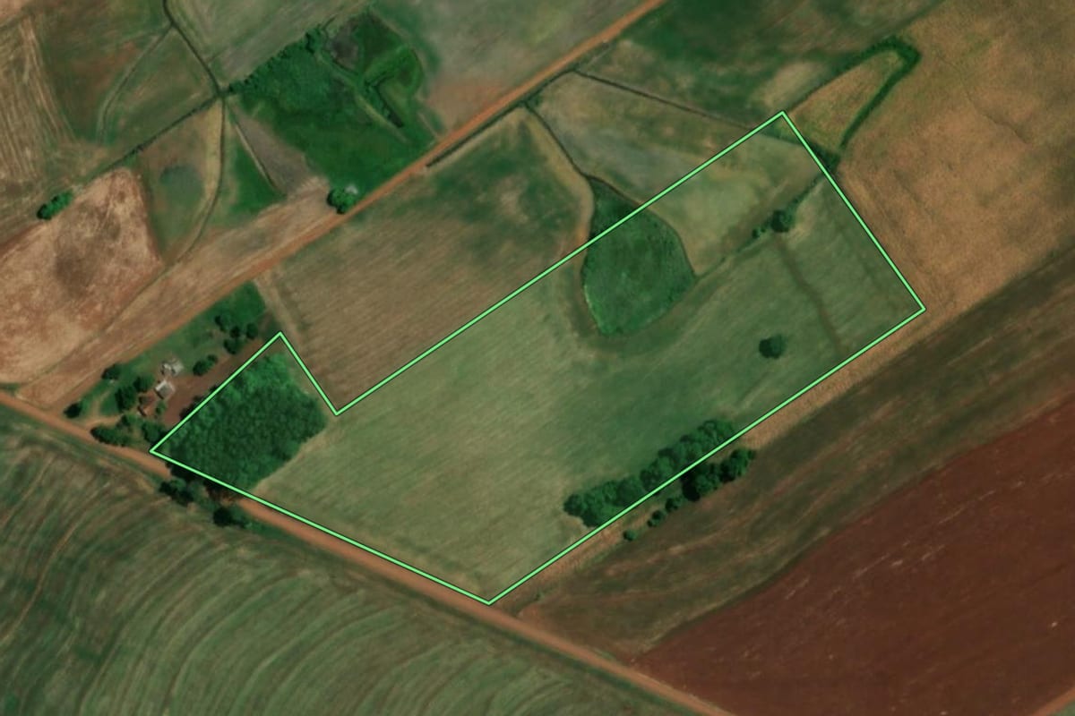 Imagem de satélite do imóvel rural em Roque Gonzales (RS), com o contorno declarado no CAR desenhado por cima.