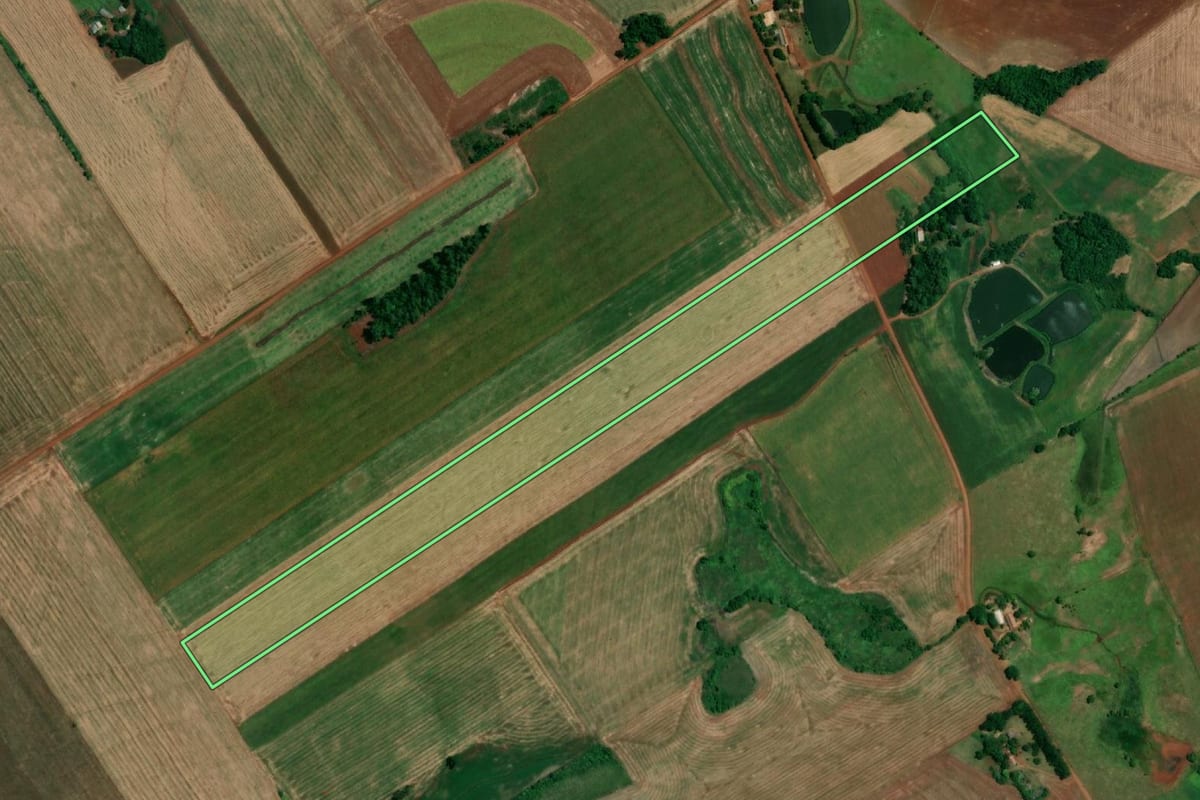 Imagem de satélite do imóvel rural em Roque Gonzales (RS), com o contorno declarado no CAR desenhado por cima.