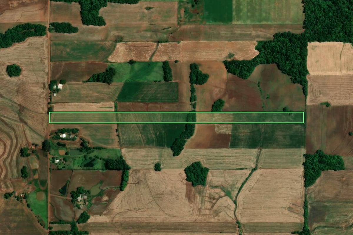 Imagem de satélite do imóvel rural em Roque Gonzales (RS), com o contorno declarado no CAR desenhado por cima.