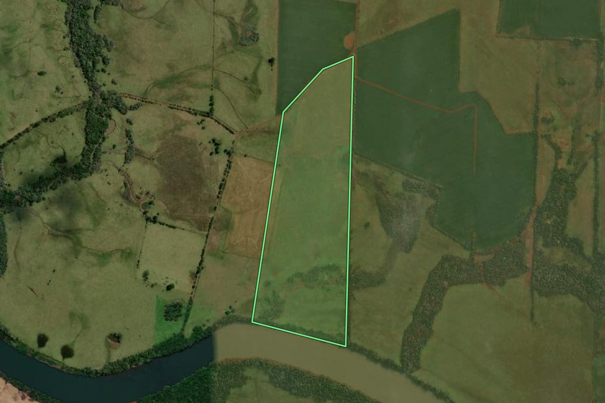 Imagem de satélite do imóvel rural em Roque Gonzales (RS), com o contorno declarado no CAR desenhado por cima.