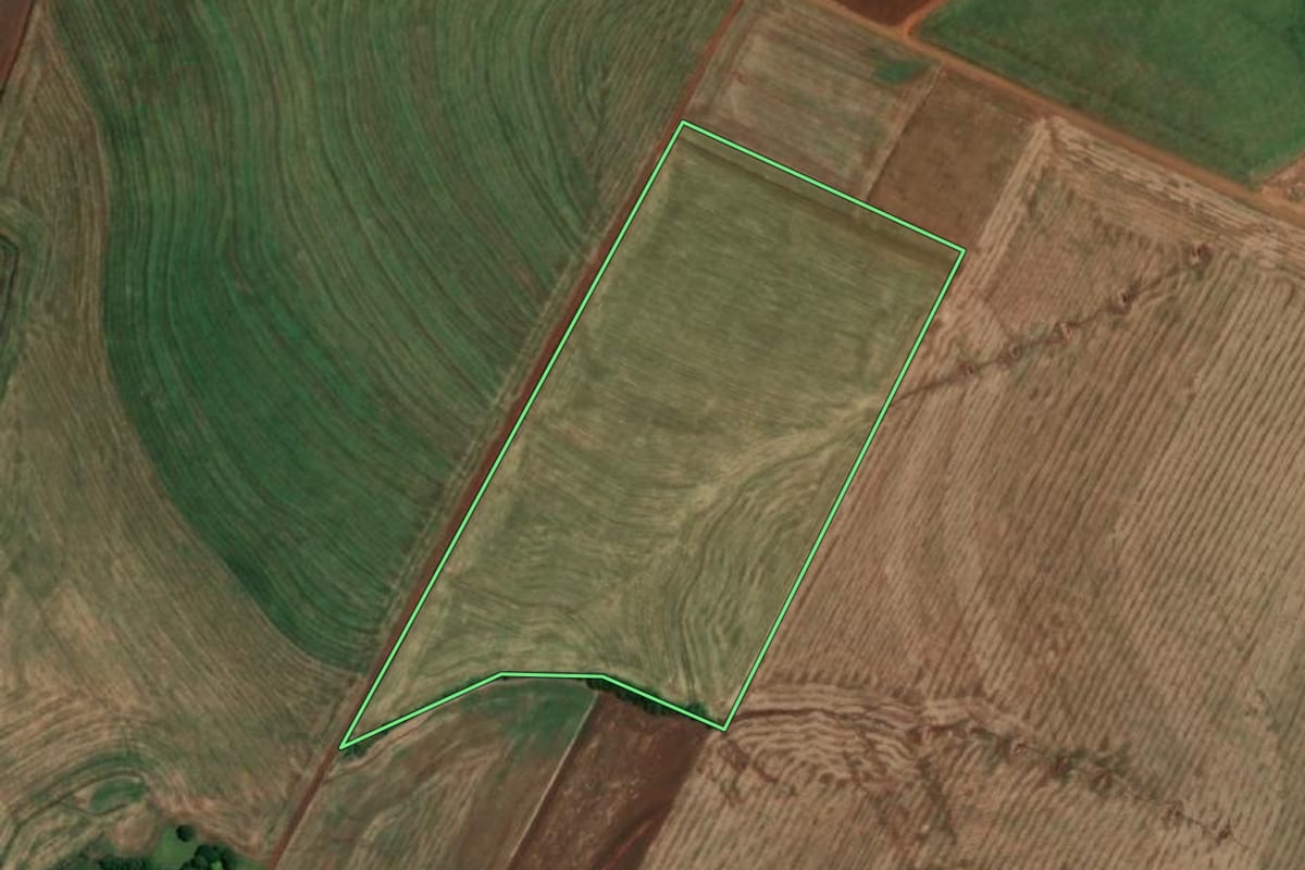 Imagem de satélite do imóvel rural em Roque Gonzales (RS), com o contorno declarado no CAR desenhado por cima.