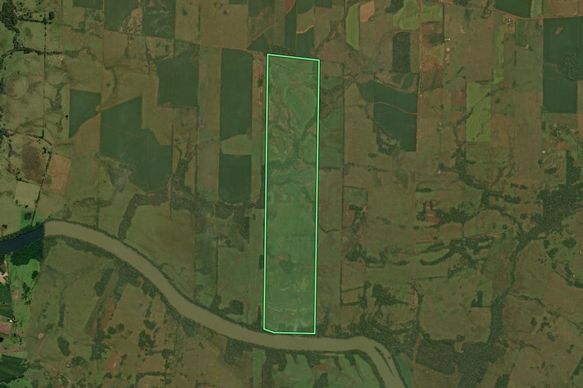 Imagem de satélite do imóvel rural em Roque Gonzales (RS), com o contorno declarado no CAR desenhado por cima.