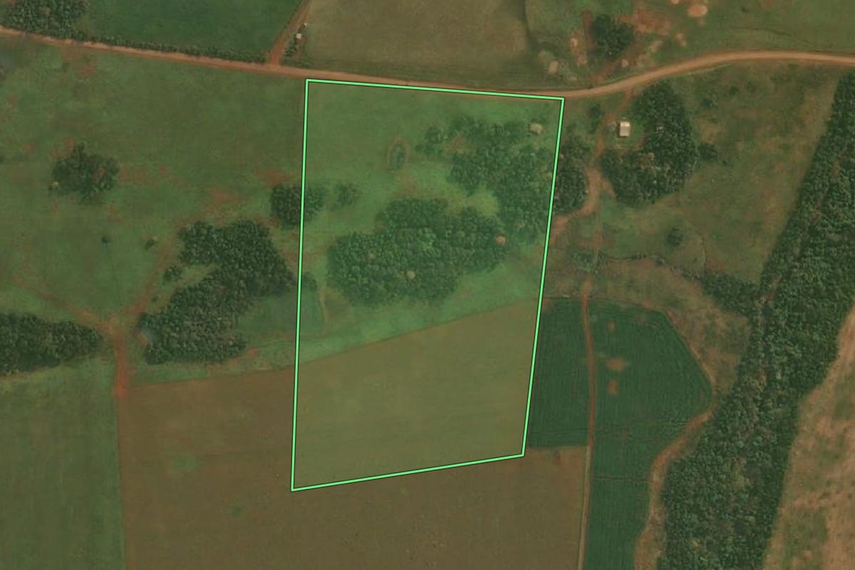Imagem de satélite do imóvel rural em Roque Gonzales (RS), com o contorno declarado no CAR desenhado por cima.