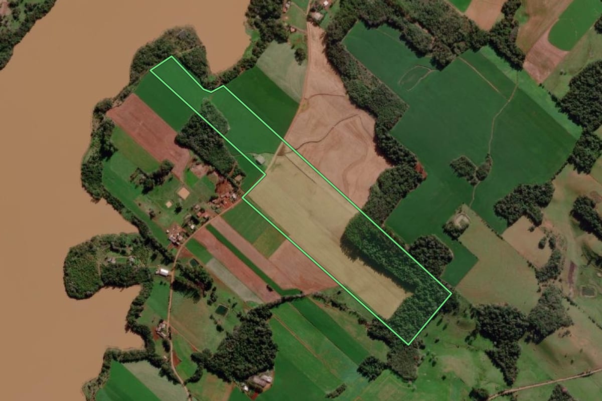 Imagem de satélite do imóvel rural em Roque Gonzales (RS), com o contorno declarado no CAR desenhado por cima.