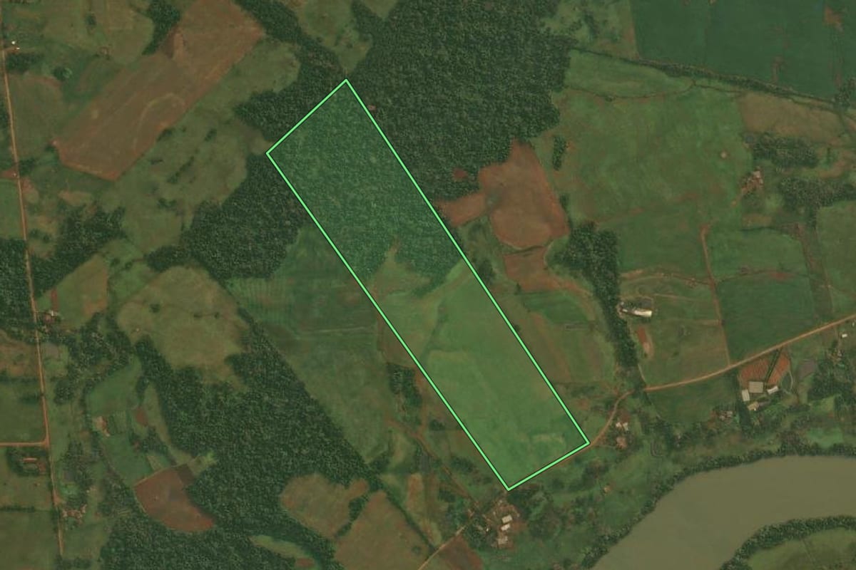 Imagem de satélite do imóvel rural em Roque Gonzales (RS), com o contorno declarado no CAR desenhado por cima.