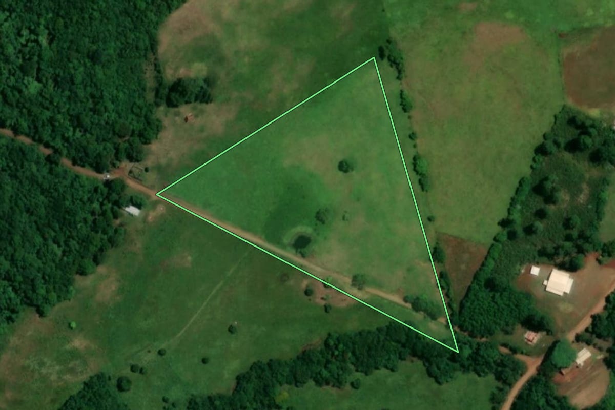 Imagem de satélite do imóvel rural em Roque Gonzales (RS), com o contorno declarado no CAR desenhado por cima.