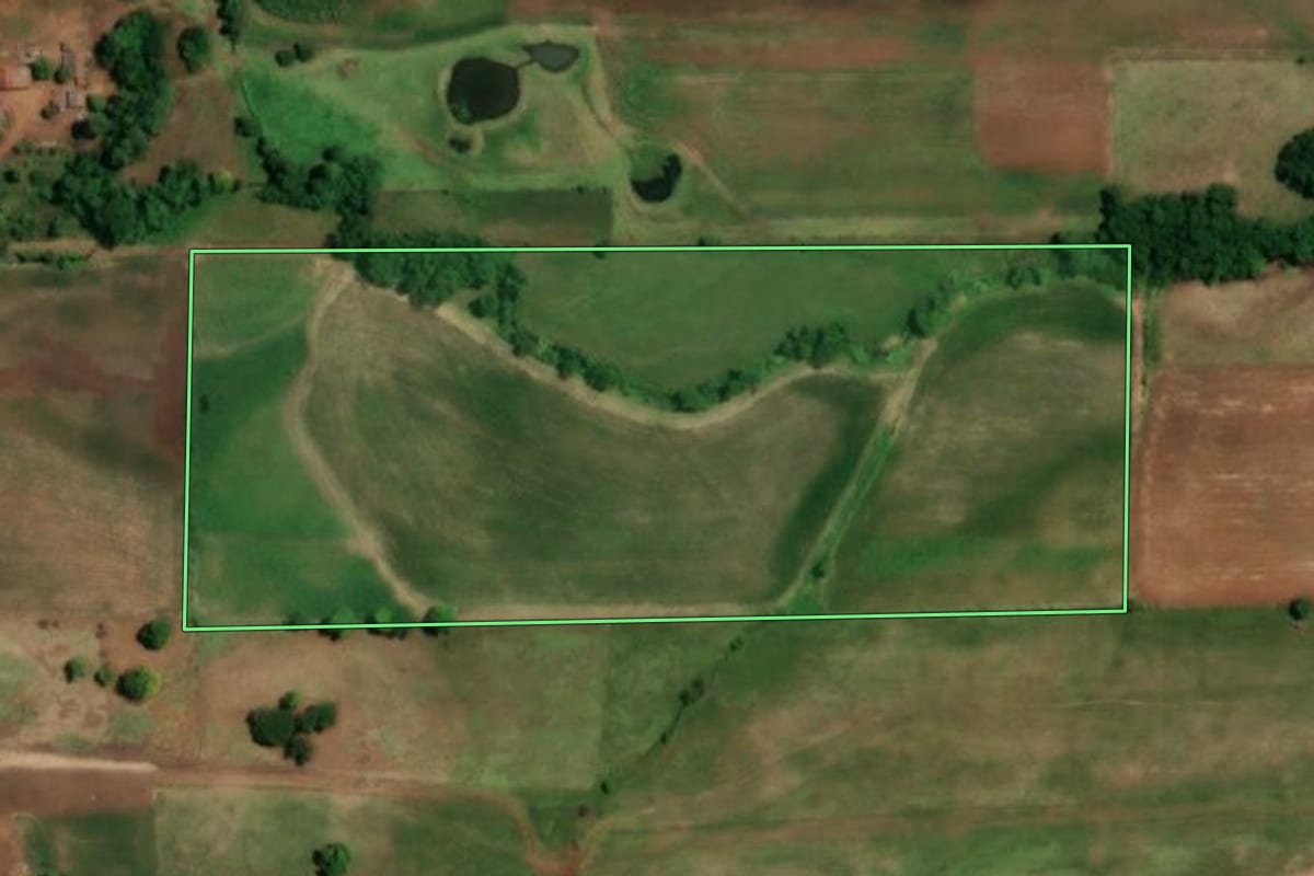Imagem de satélite do imóvel rural em Roque Gonzales (RS), com o contorno declarado no CAR desenhado por cima.