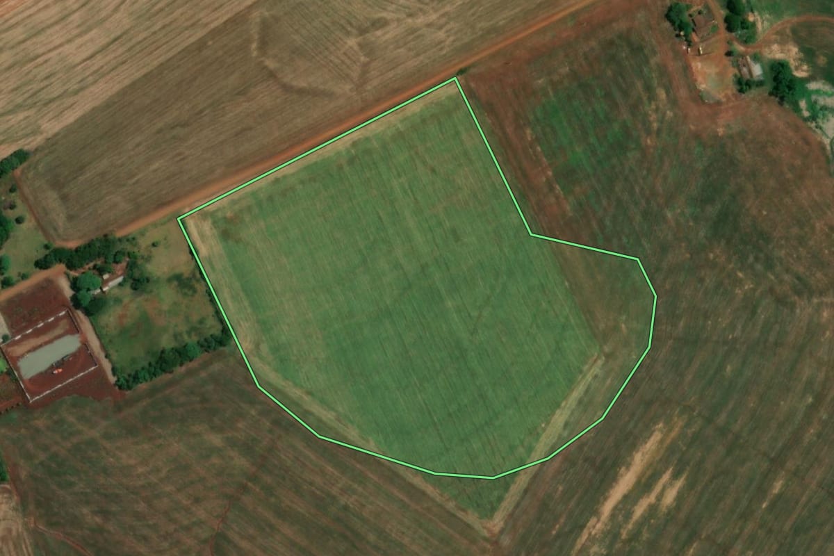 Imagem de satélite do imóvel rural em Roque Gonzales (RS), com o contorno declarado no CAR desenhado por cima.