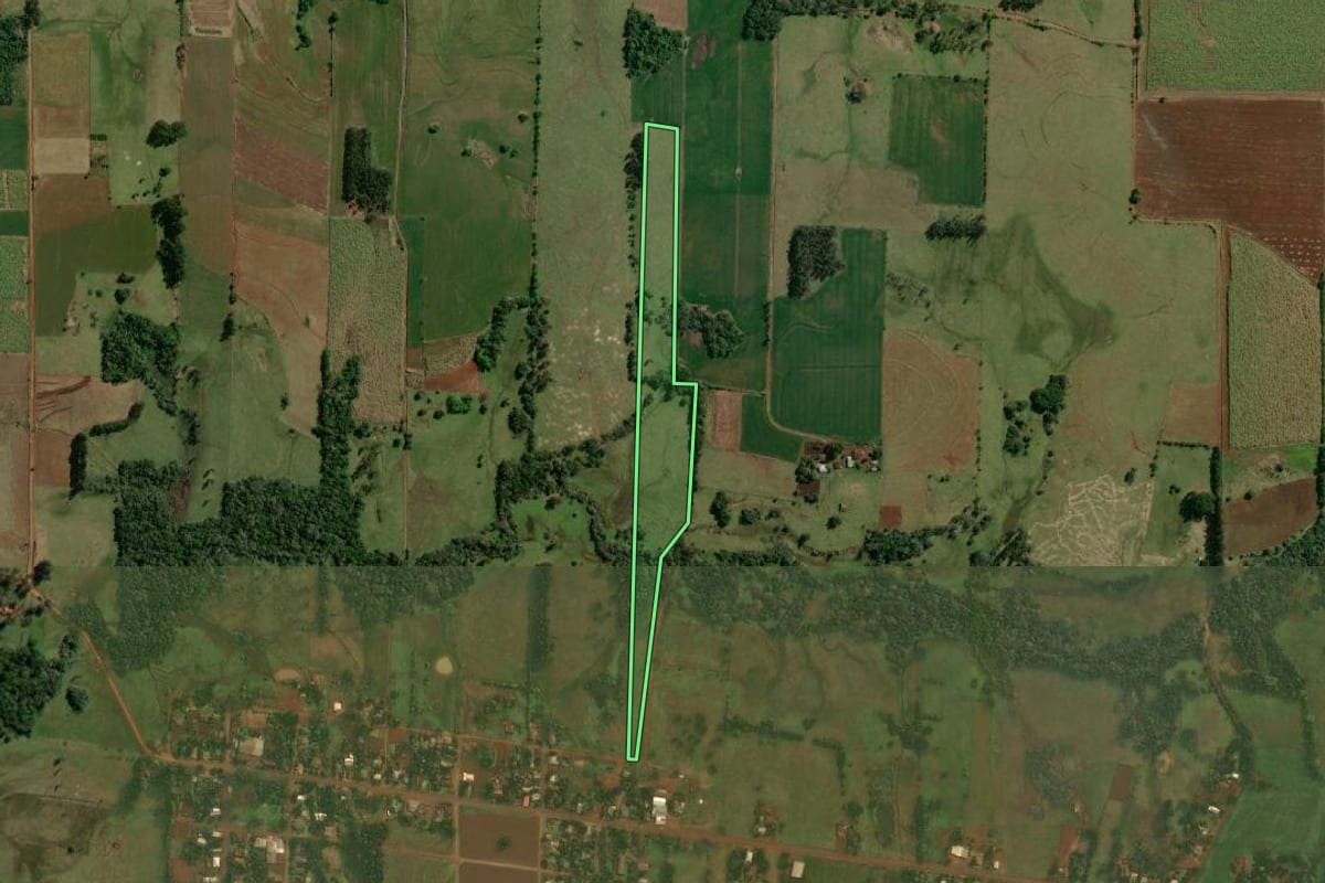 Imagem de satélite do imóvel rural em Roque Gonzales (RS), com o contorno declarado no CAR desenhado por cima.