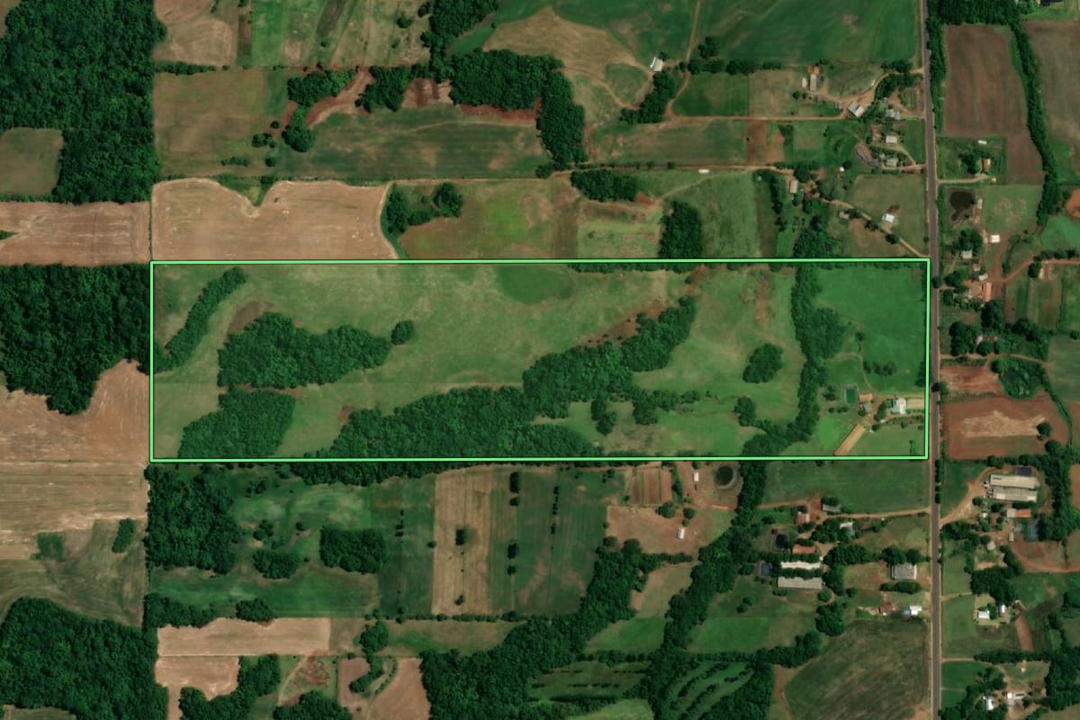 Imagem de satélite do imóvel rural em Roque Gonzales (RS), com o contorno declarado no CAR desenhado por cima.