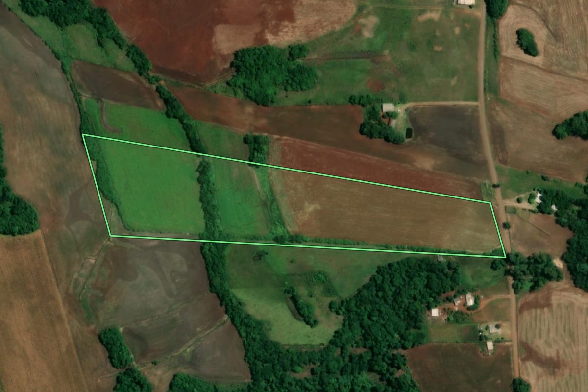 Imagem de satélite do imóvel rural em Roque Gonzales (RS), com o contorno declarado no CAR desenhado por cima.