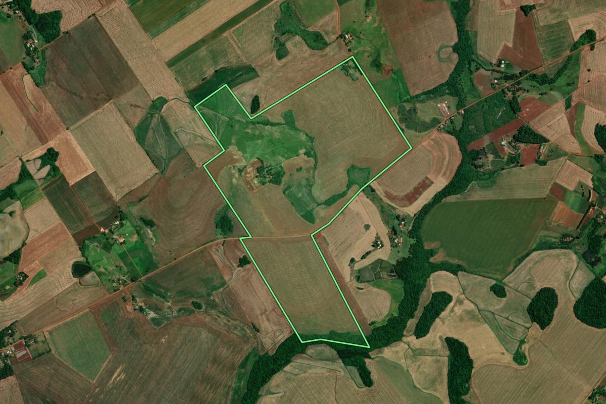Imagem de satélite do imóvel rural em Roque Gonzales (RS), com o contorno declarado no CAR desenhado por cima.