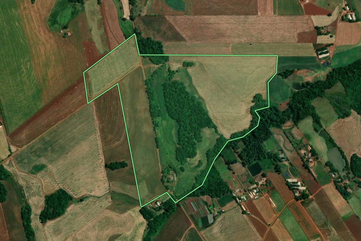 Imagem de satélite do imóvel rural em Roque Gonzales (RS), com o contorno declarado no CAR desenhado por cima.