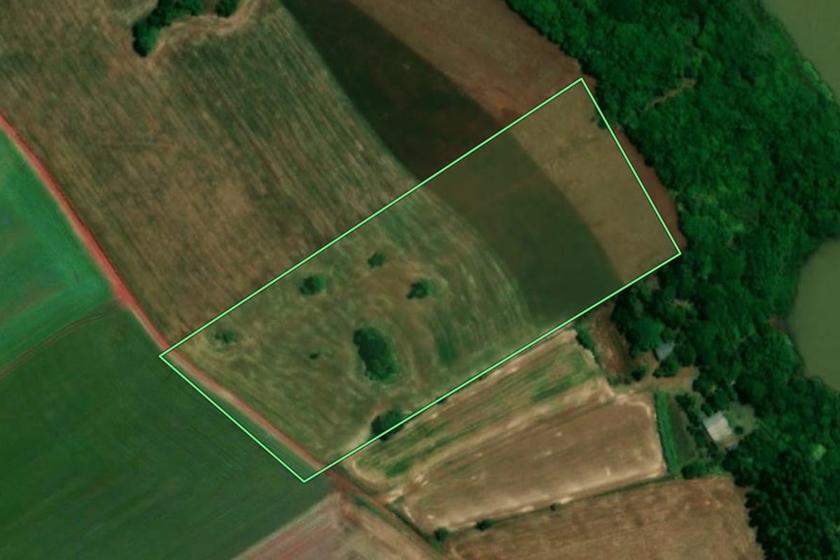Imagem de satélite do imóvel rural em Roque Gonzales (RS), com o contorno declarado no CAR desenhado por cima.