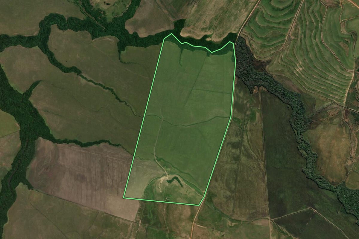 Imagem de satélite do imóvel rural em Rosário do Sul (RS), com o contorno declarado no CAR desenhado por cima.