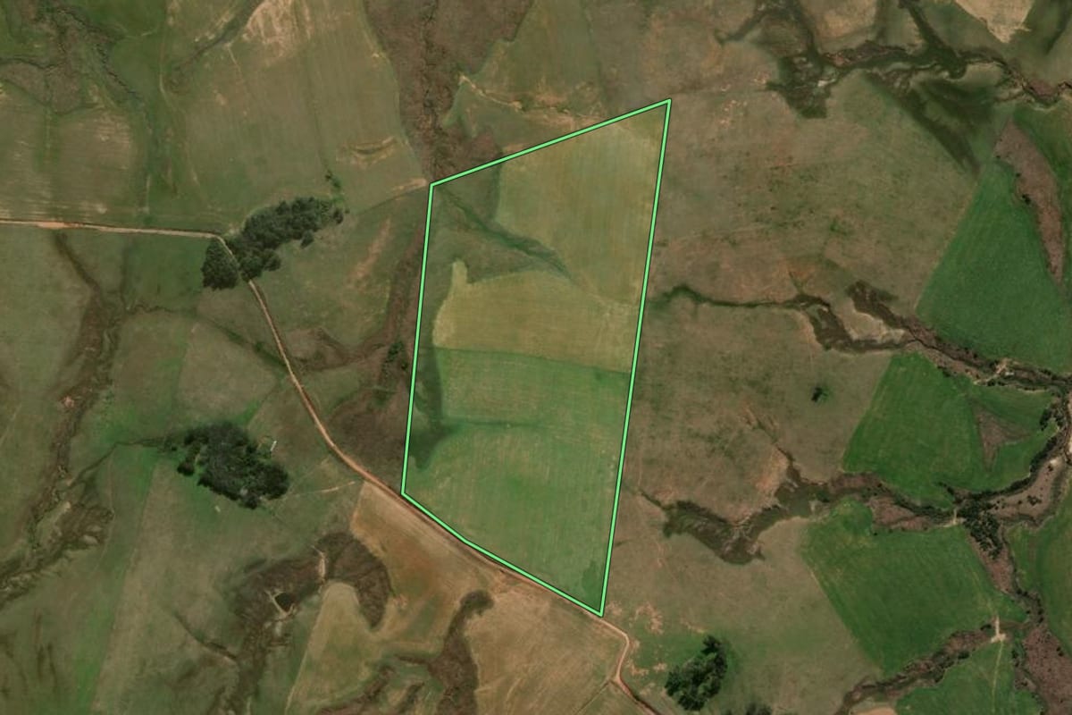 Imagem de satélite do imóvel rural em Rosário do Sul (RS), com o contorno declarado no CAR desenhado por cima.