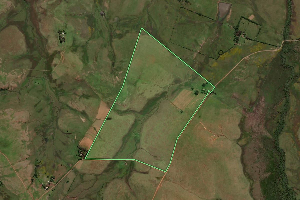 Imagem de satélite do imóvel rural em Rosário do Sul (RS), com o contorno declarado no CAR desenhado por cima.