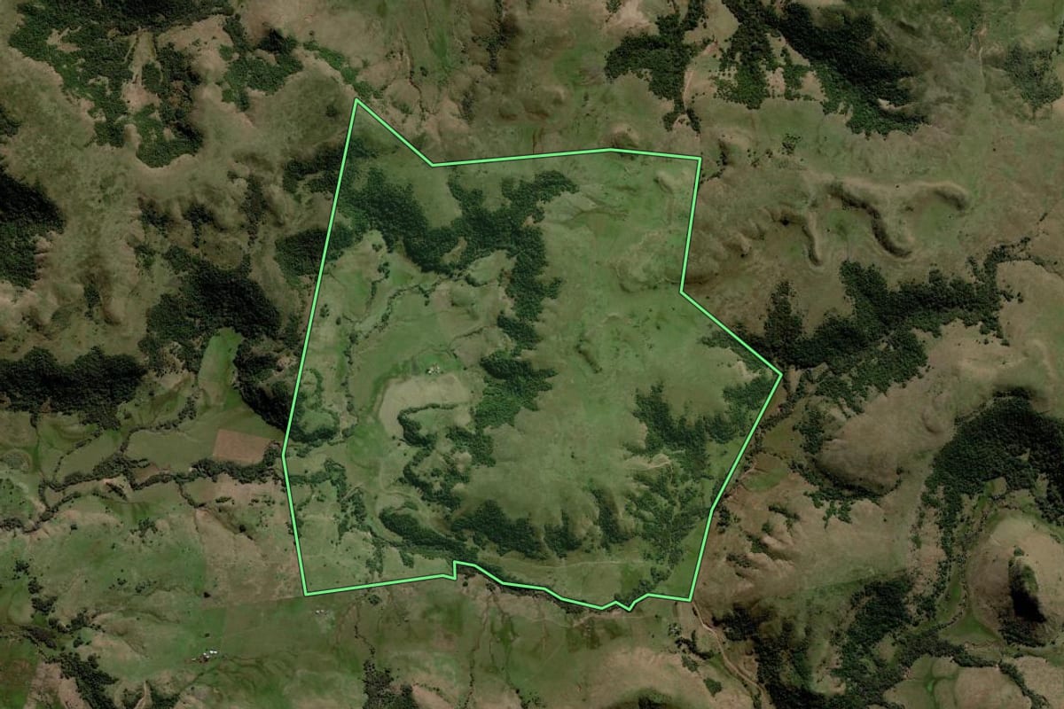 Imagem de satélite do imóvel rural em Rosário do Sul (RS), com o contorno declarado no CAR desenhado por cima.